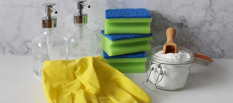 vinegar gloves sponge to clean glass shower doors